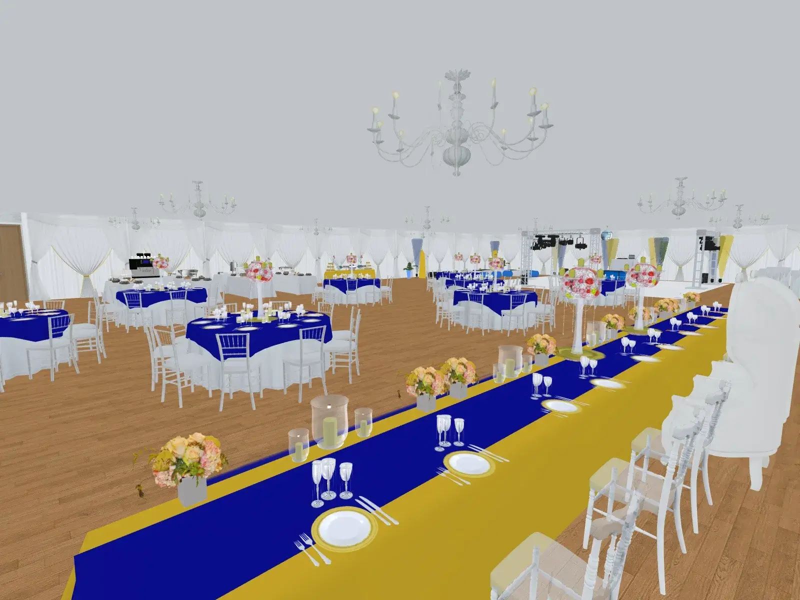 Plan 3D salle de réception — tables et décoration